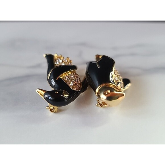 Penguin Couple Rhinestone & Enamel Gold Tone Brooch Vintage Costume Jewelry READ - Picture 5 of 11